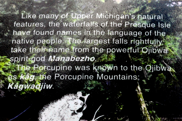 sign showing meaning of Manabezho Falls